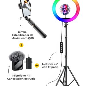 Combo Semiprofesional: Micrófono F11, Estabilizador Q08 y Luz RGB Tripode
