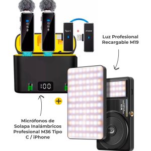 Kit Duo: Luz Profesional M19 + Micrófonos Inalámbricos M36