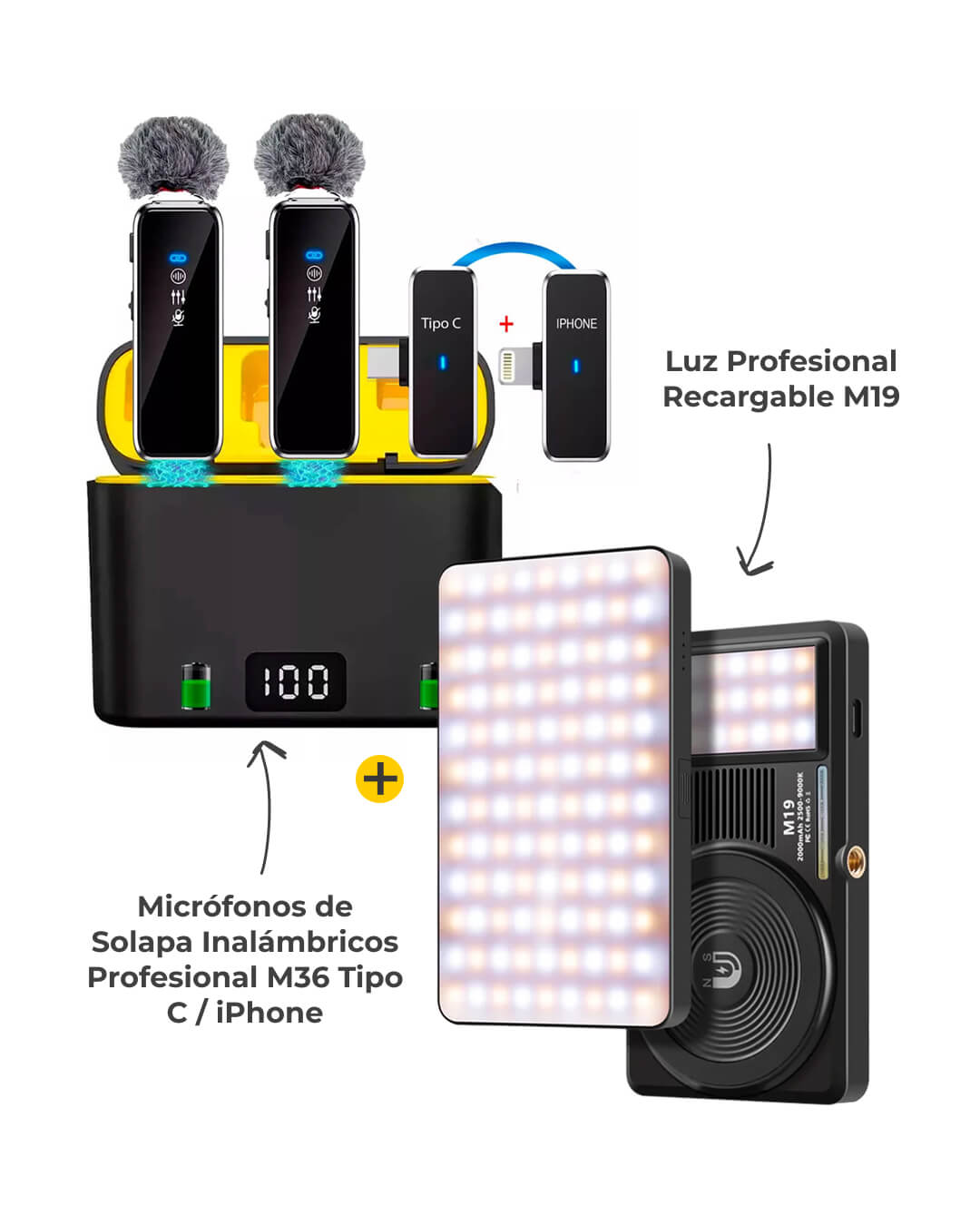 Kit Duo: Luz Profesional M19 + Micrófonos Inalámbricos M36